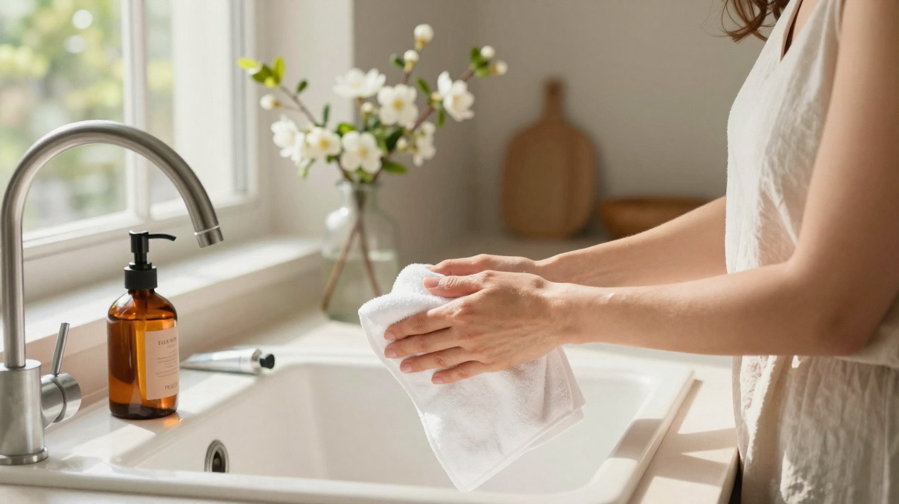 Person drying hands with a white towel by a kitchen sink with a soap dispenser and flowers in the background.