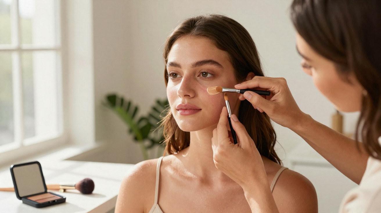 A woman applies makeup with a brush on another woman’s cheek in a bright room near a window.