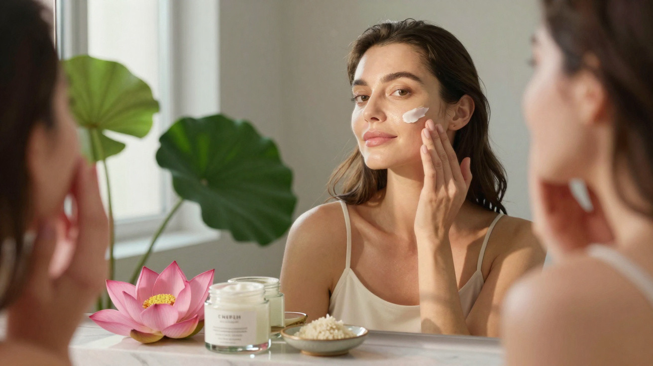 Woman applying face cream in front of a mirror with skincare products and a pink lotus flower nearby.