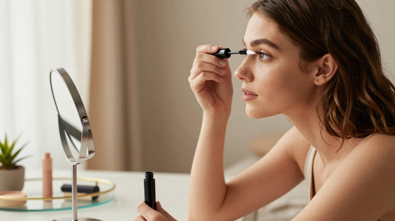 Woman applying mascara on her eyelashes while looking into a round mirror on a table with makeup items.