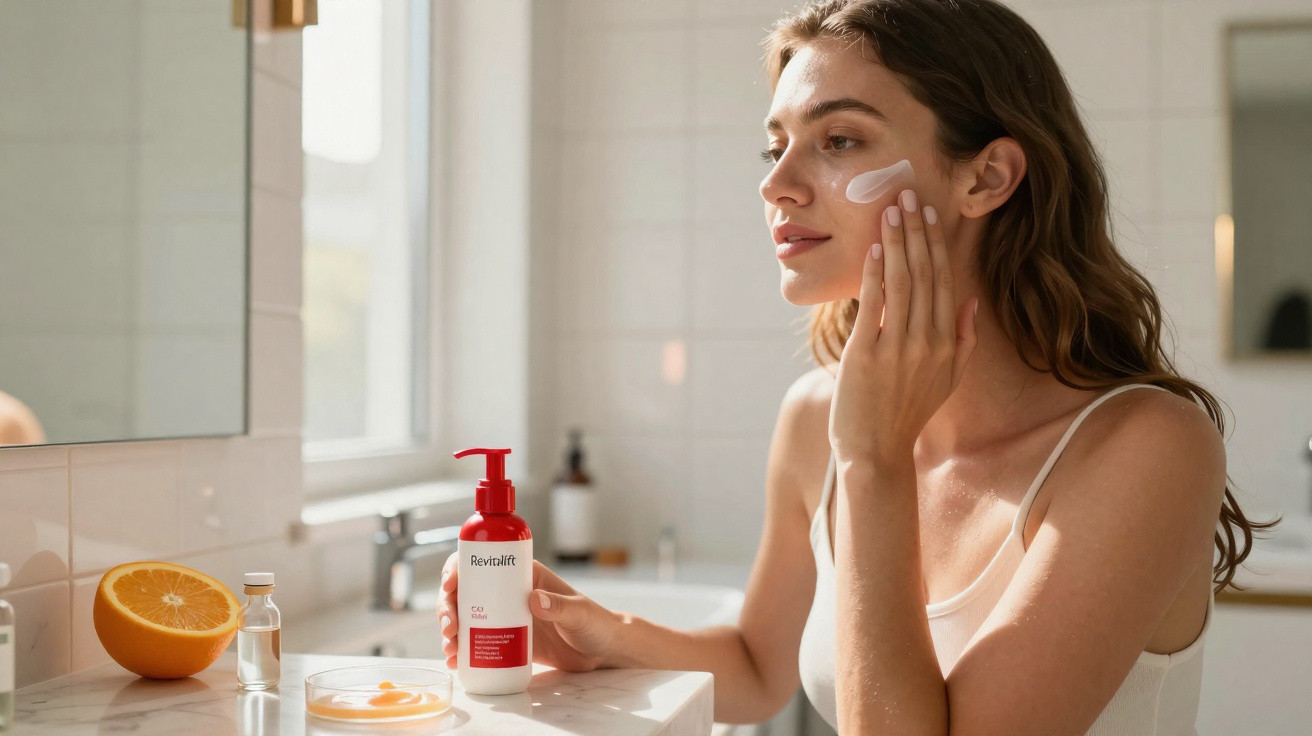 Young woman applying day cream on her face in a bright bathroom with skincare products on the counter.