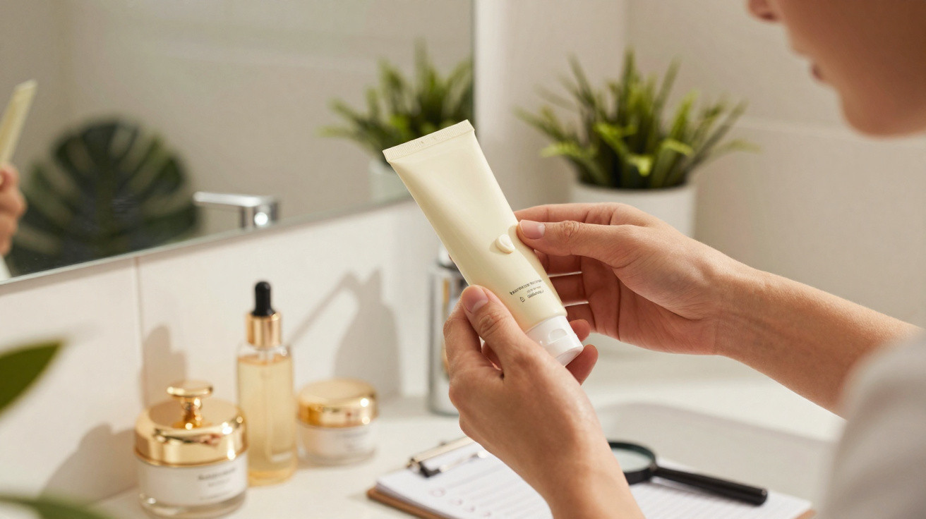 Person holding a skincare tube with small cream amount, bathroom counter with skincare products and plants in background.