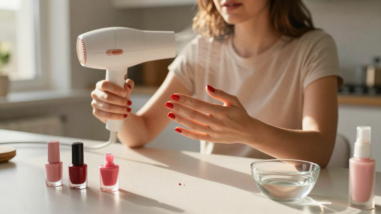 Woman drying freshly painted red nails with a white hairdryer at a kitchen table with nail polish bottles.