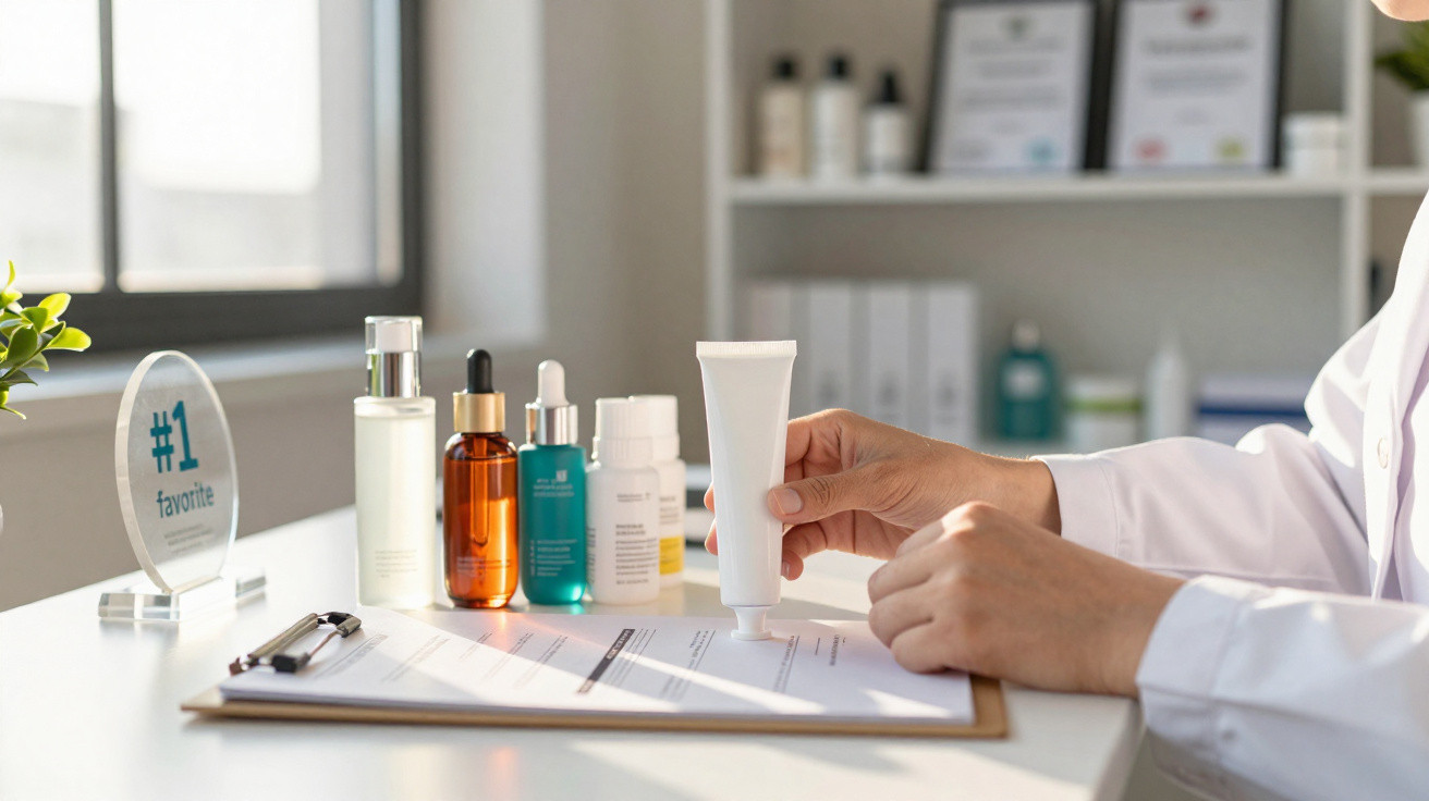 Person in white coat holding a skincare tube with various skincare bottles on a desk and a clipboard in a bright room.