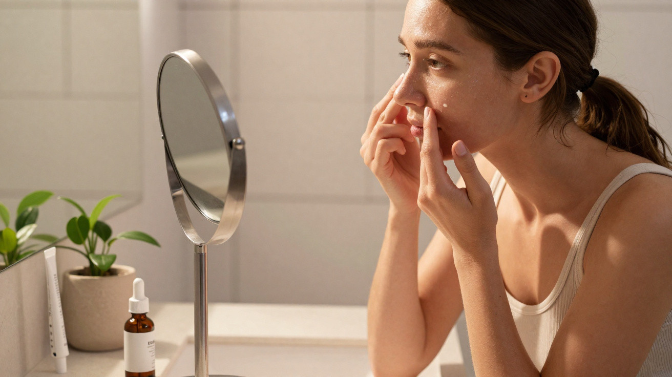 Young woman examining her face in a mirror, applying skincare product in a bright bathroom setting.