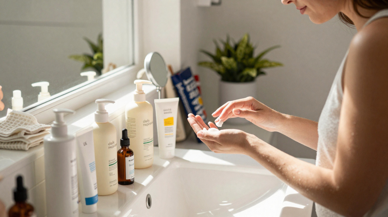 Woman applying skincare product at a bathroom sink with various lotions and creams on the counter.