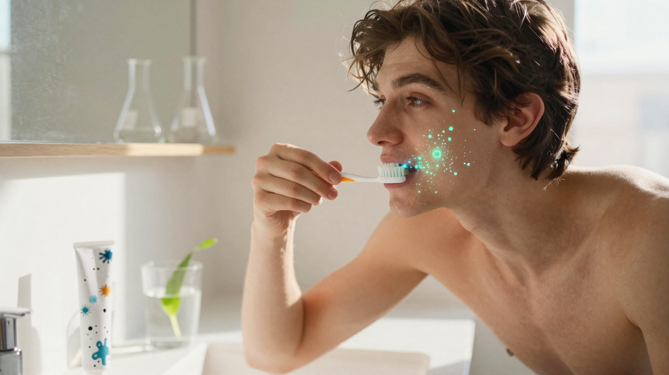 Young man brushing teeth with visual effects highlighting cleaning action on his cheek in bright bathroom.