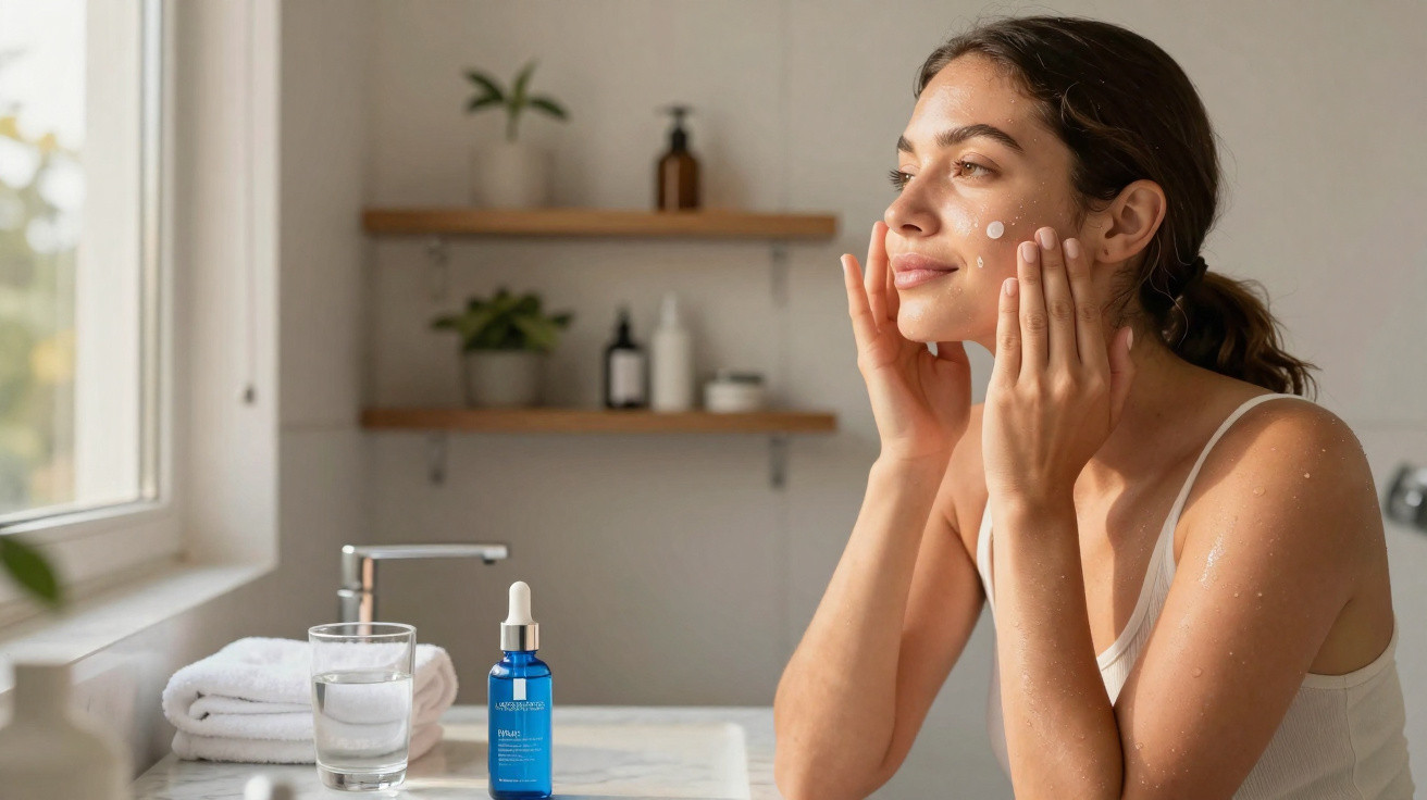 Young woman applying facial cream in bathroom with skincare products on counter and shelves behind her