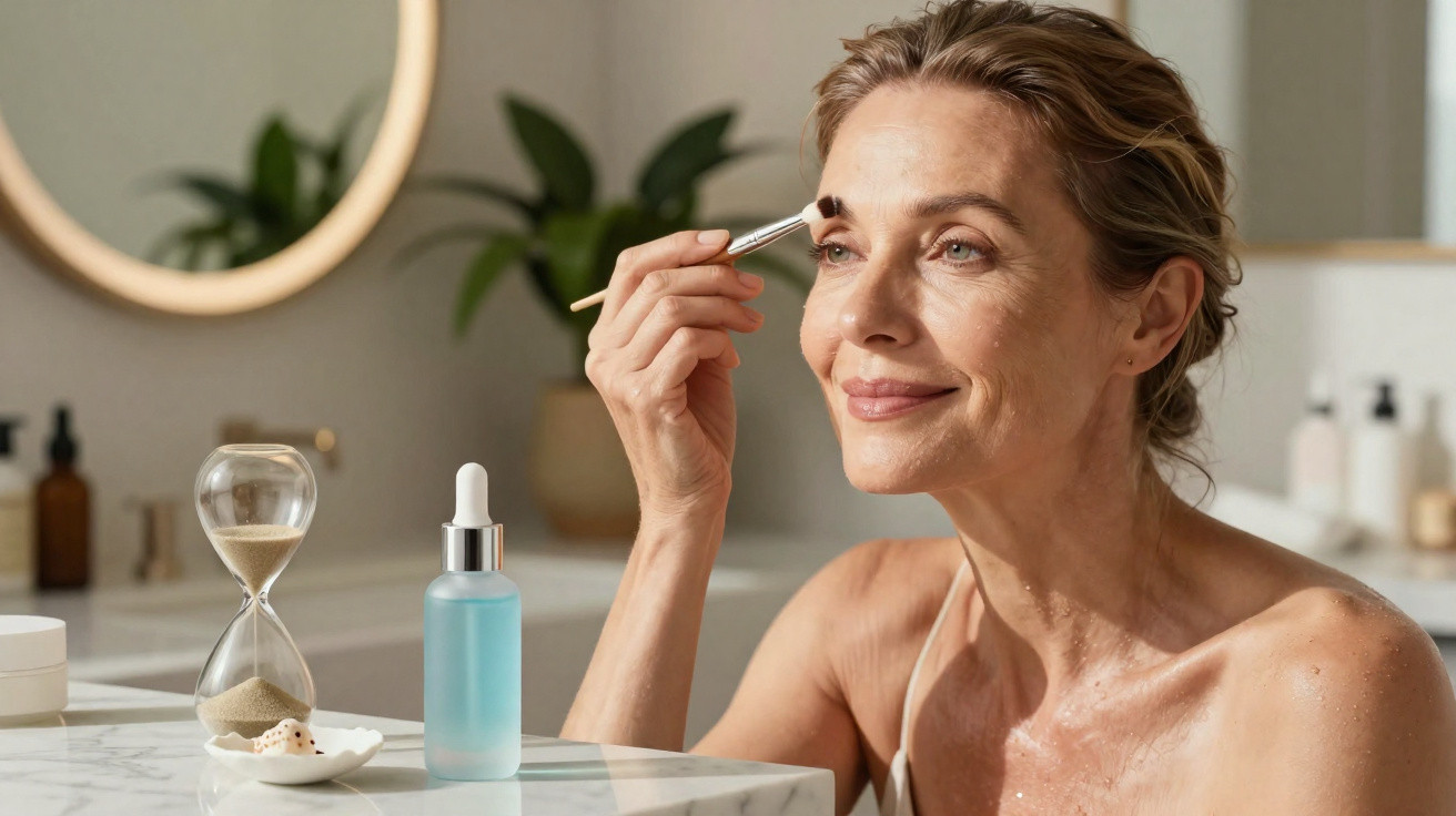 Middle-aged woman applying eyebrow makeup in a bright bathroom with skincare products and an hourglass nearby.