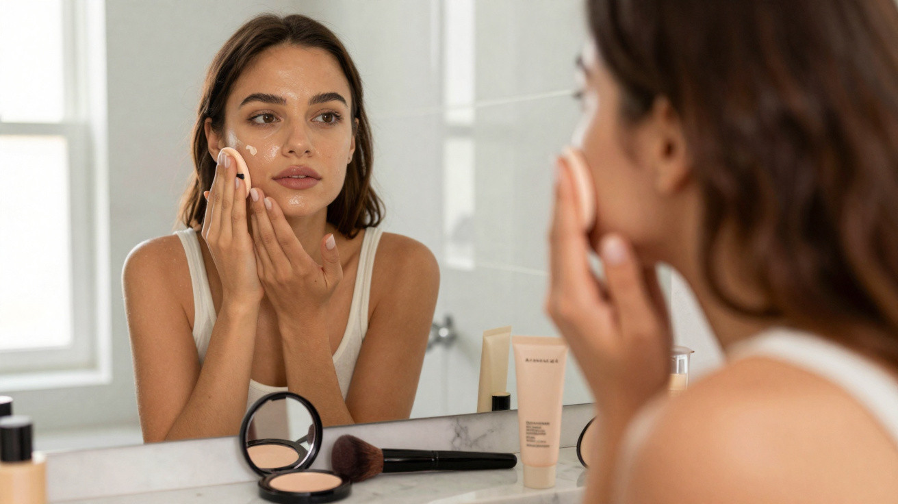 Young woman applying cream to her face in front of a bathroom mirror with makeup products on the counter.
