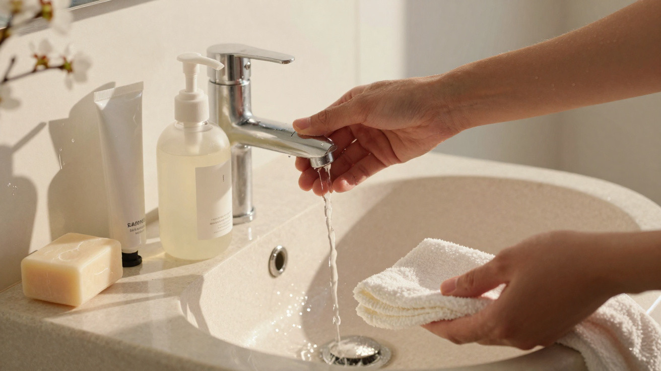 Hands holding a towel under running water from a chrome faucet over a beige bathroom sink with toiletries.