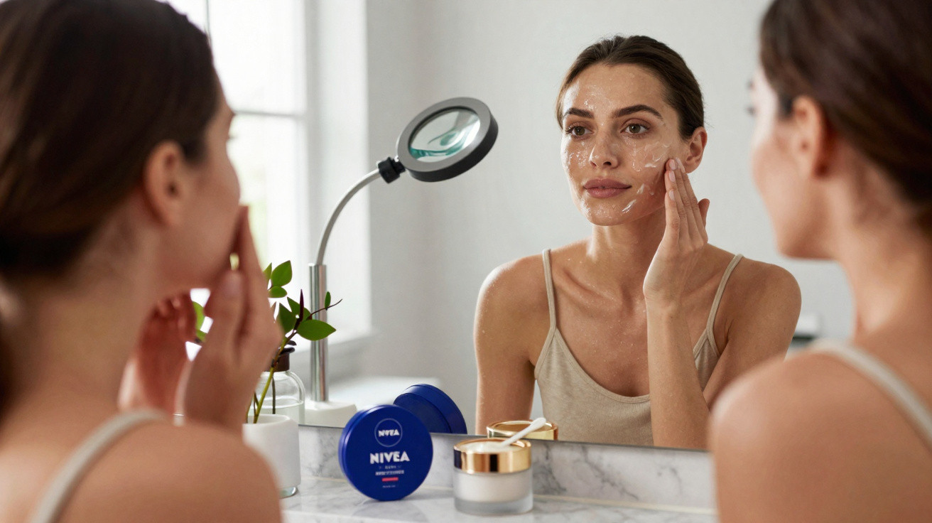 Woman applying face cream in front of a bathroom mirror with Nivea cream containers on the counter.