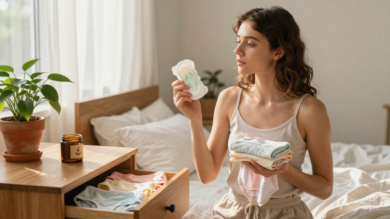 Young woman holding menstrual pads and folded underwear in a sunlit bedroom near a wooden dresser with a plant.