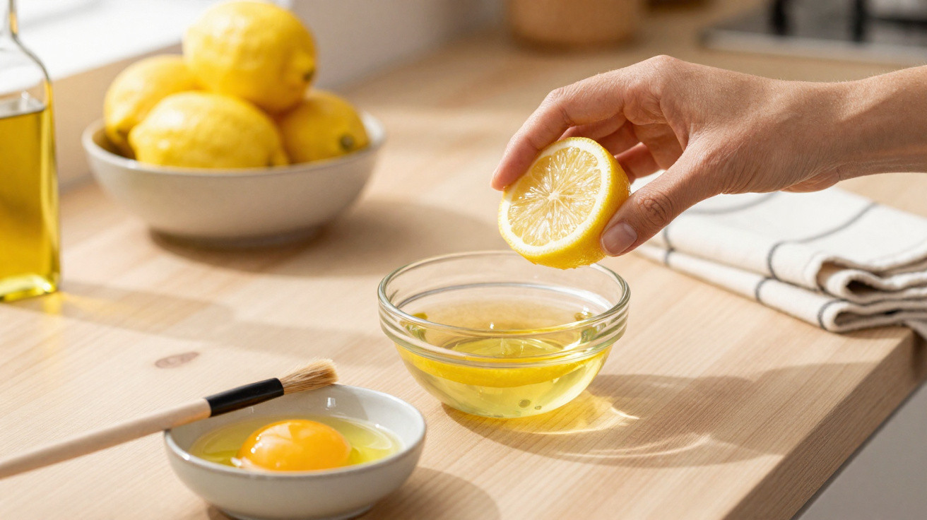 Hand squeezing lemon juice into a glass bowl with egg yolk and brush on a wooden kitchen counter.