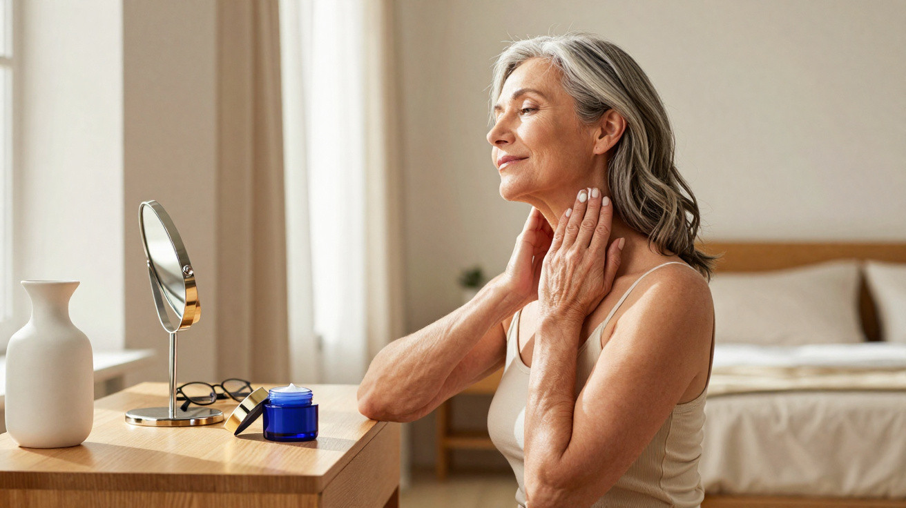 Mature woman applying skincare cream on her neck while sitting at a wooden dressing table with a mirror.