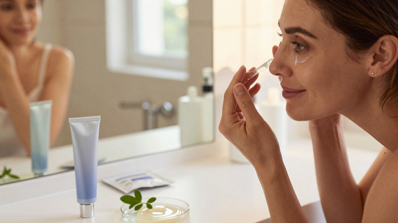 Woman applying serum under her eyes in a bright bathroom with skincare products on the counter.