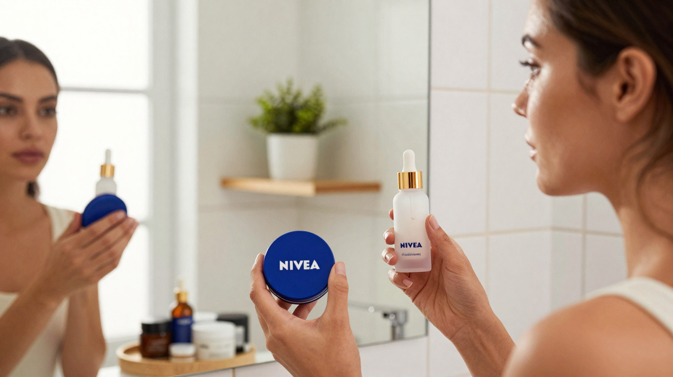 Woman holding Nivea cream jar and serum bottle in a bathroom, facing a mirror with skincare products on a shelf.