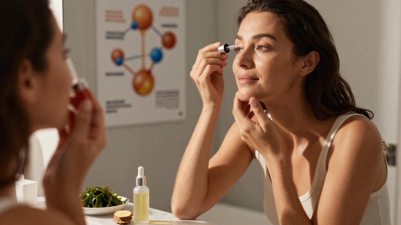 Woman applying serum to her face using a dropper in front of a mirror in a softly lit room.