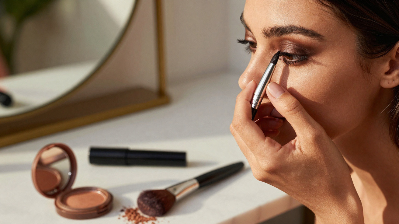Woman applying dark eyeshadow with a brush in front of a mirror on a white countertop with makeup products.