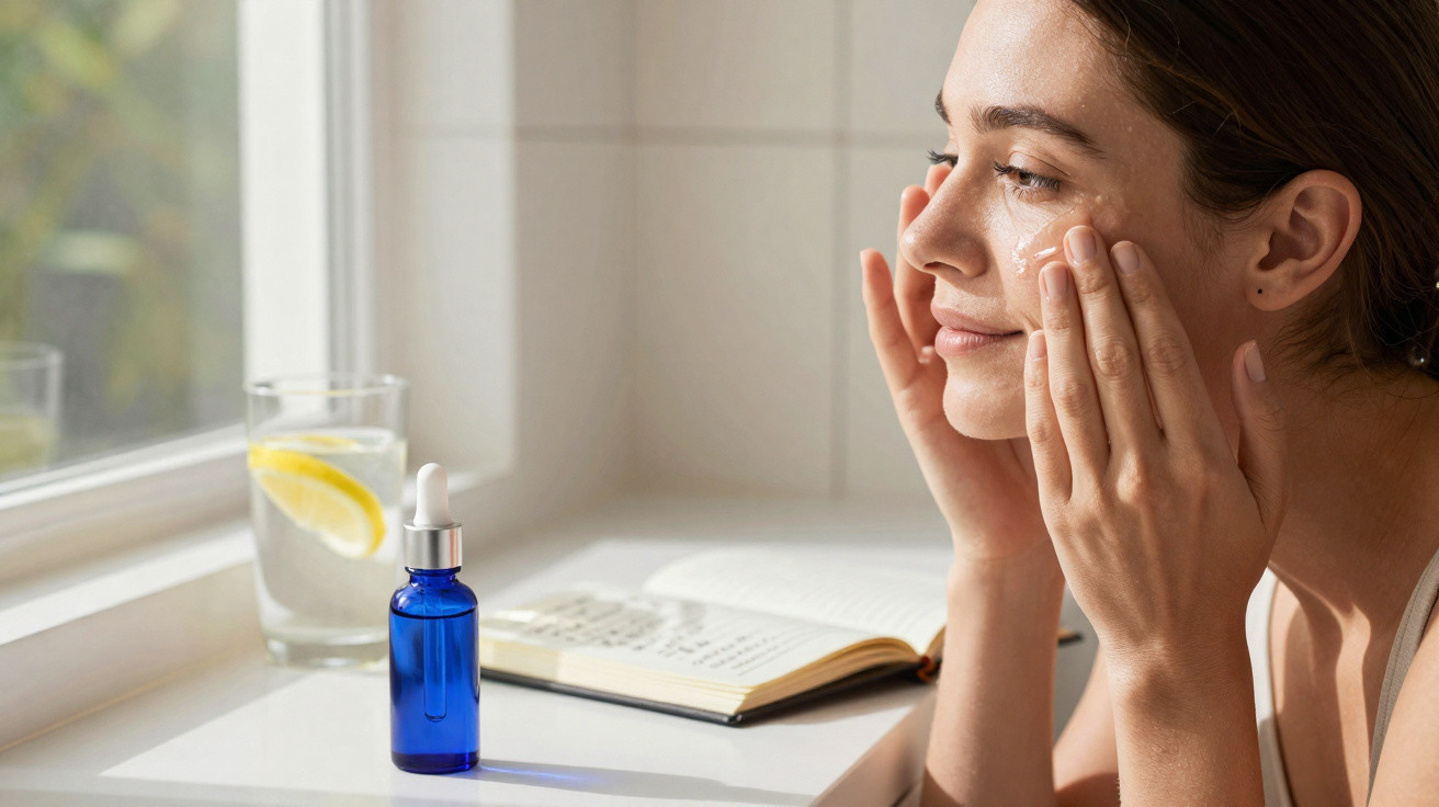 Woman applying cream on her face near a window with a blue serum bottle and notebook on the table.