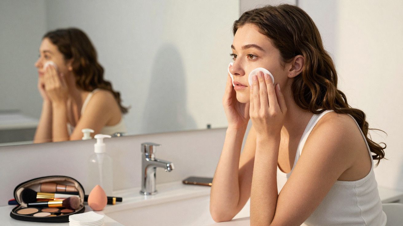 Young woman in white vest removing makeup with cotton pads in front of a bathroom mirror.