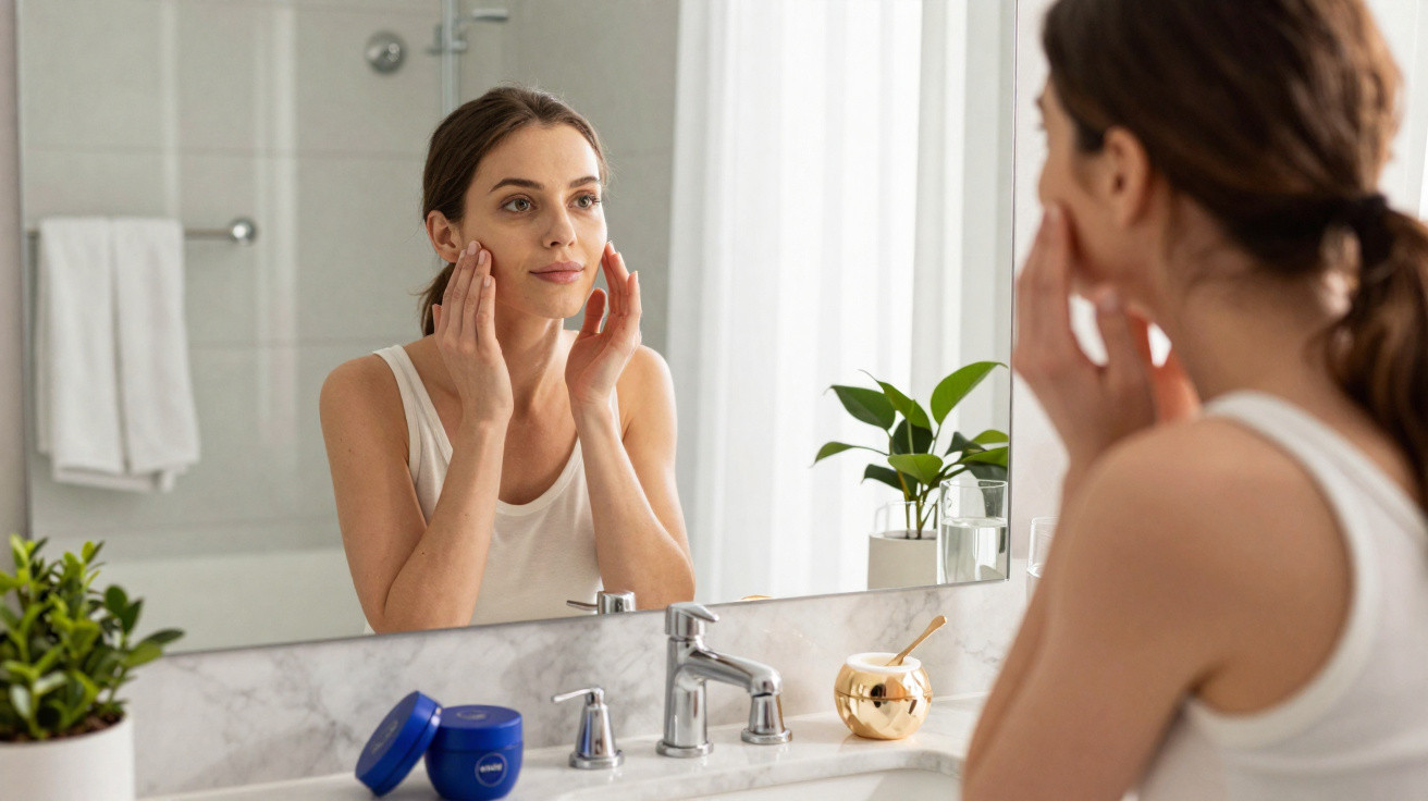 Woman in white vest applying skincare cream on her face in front of a bathroom mirror