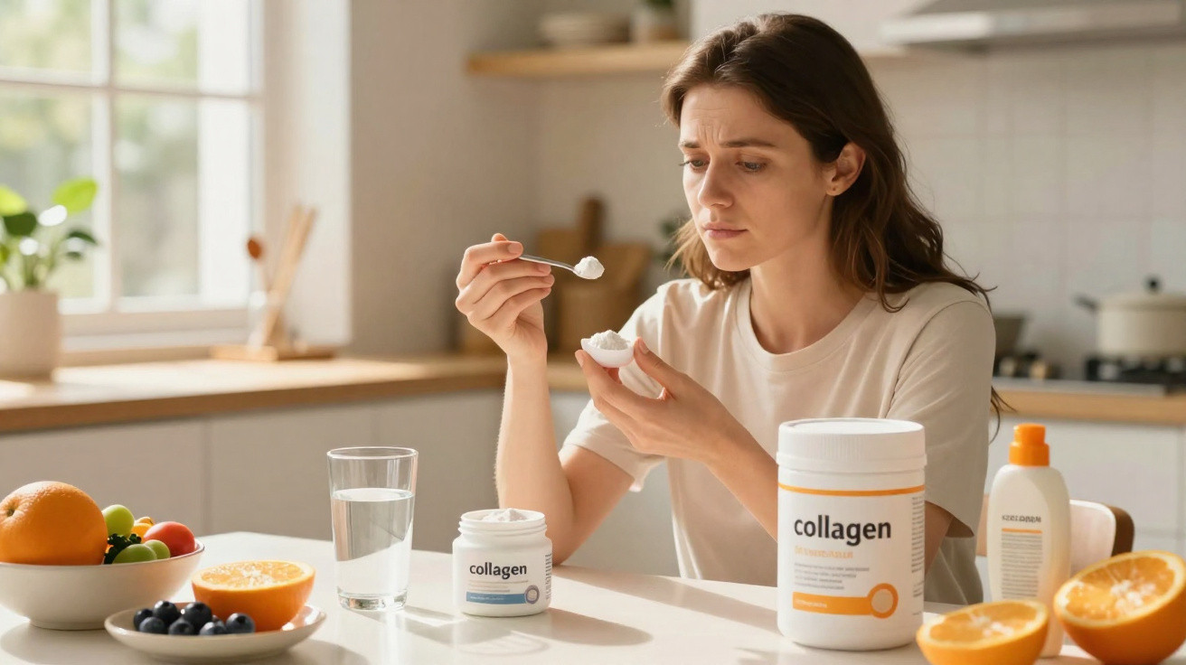 Woman scooping collagen cream from a jar at a kitchen table with fruits and a glass of water.