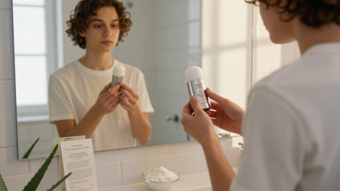 Person in a white t-shirt looking at a deodorant stick in front of a bathroom mirror with aloe vera plant nearby.