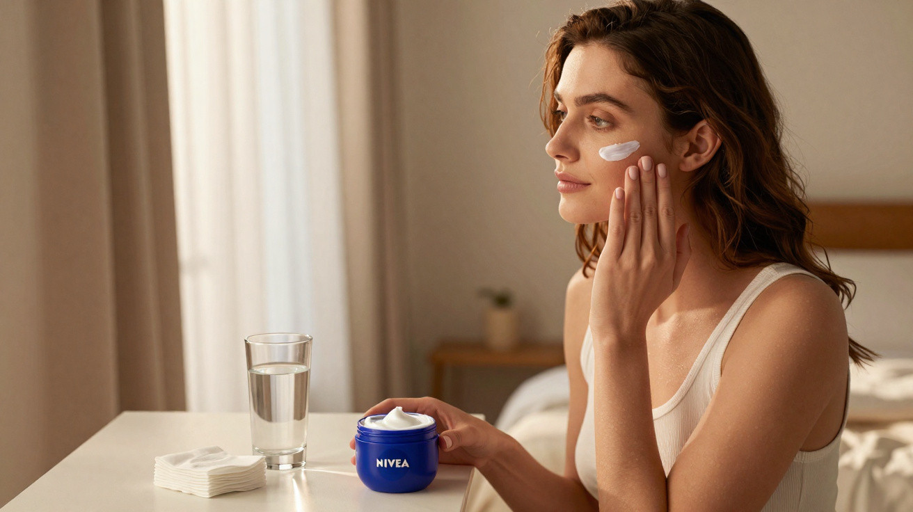Woman applying Nivea cream to her cheek while sitting at a table with a glass of water and cotton pads.
