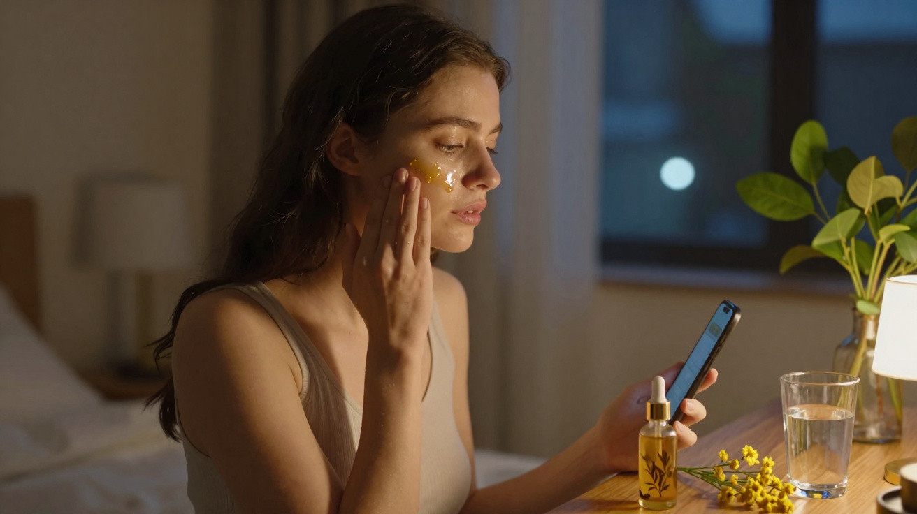 Young woman applying facial oil while holding a smartphone in a softly lit bedroom at night.