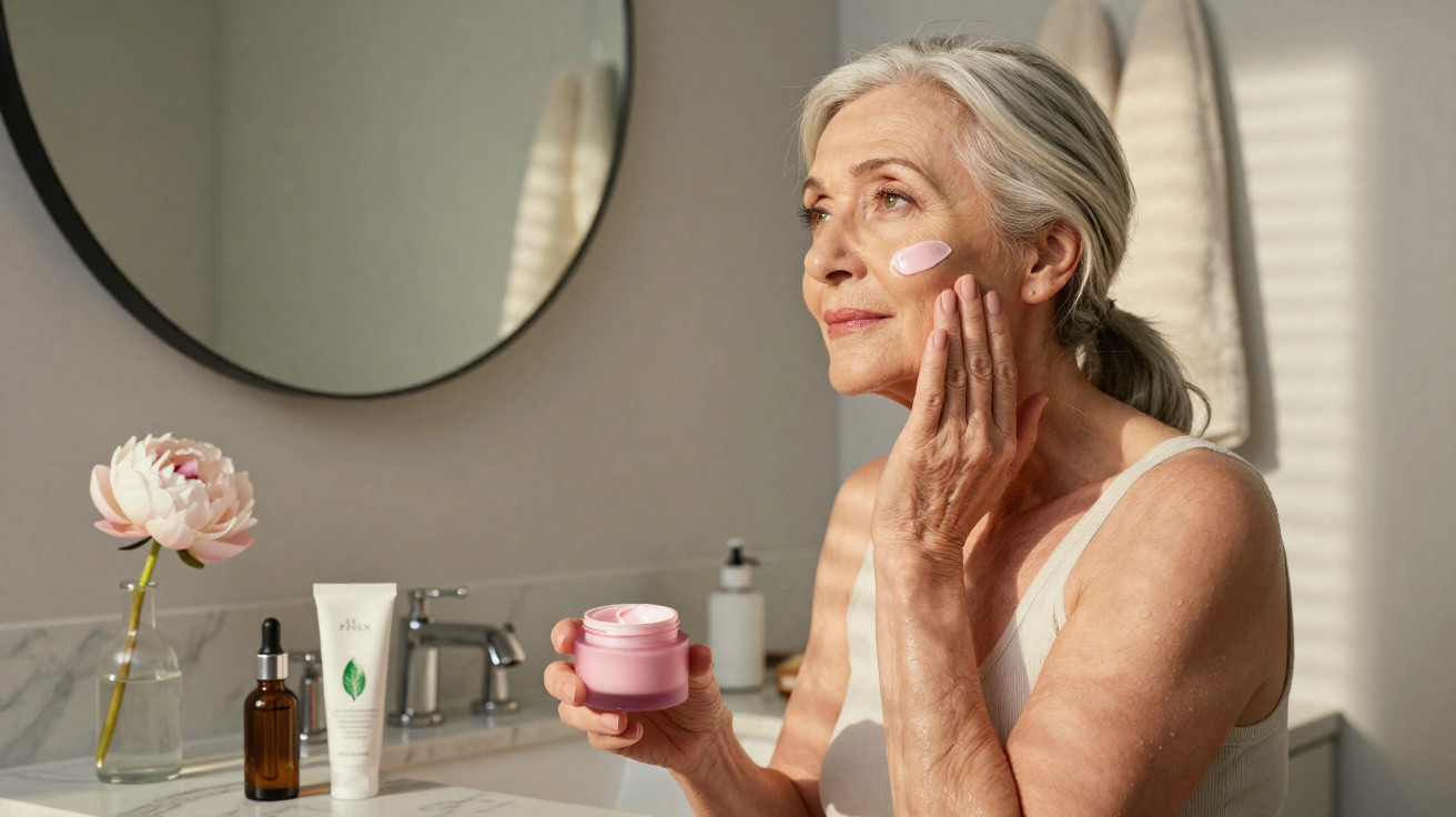 Older woman applying pink face cream in bathroom with mirror and flower on counter