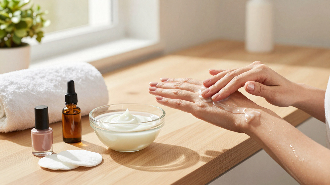 Hands applying cream on wooden surface with skincare products and white towel in natural light.