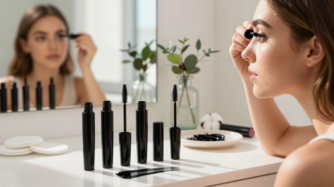 Woman applying mascara in front of a mirror with several mascara tubes and applicators on the table