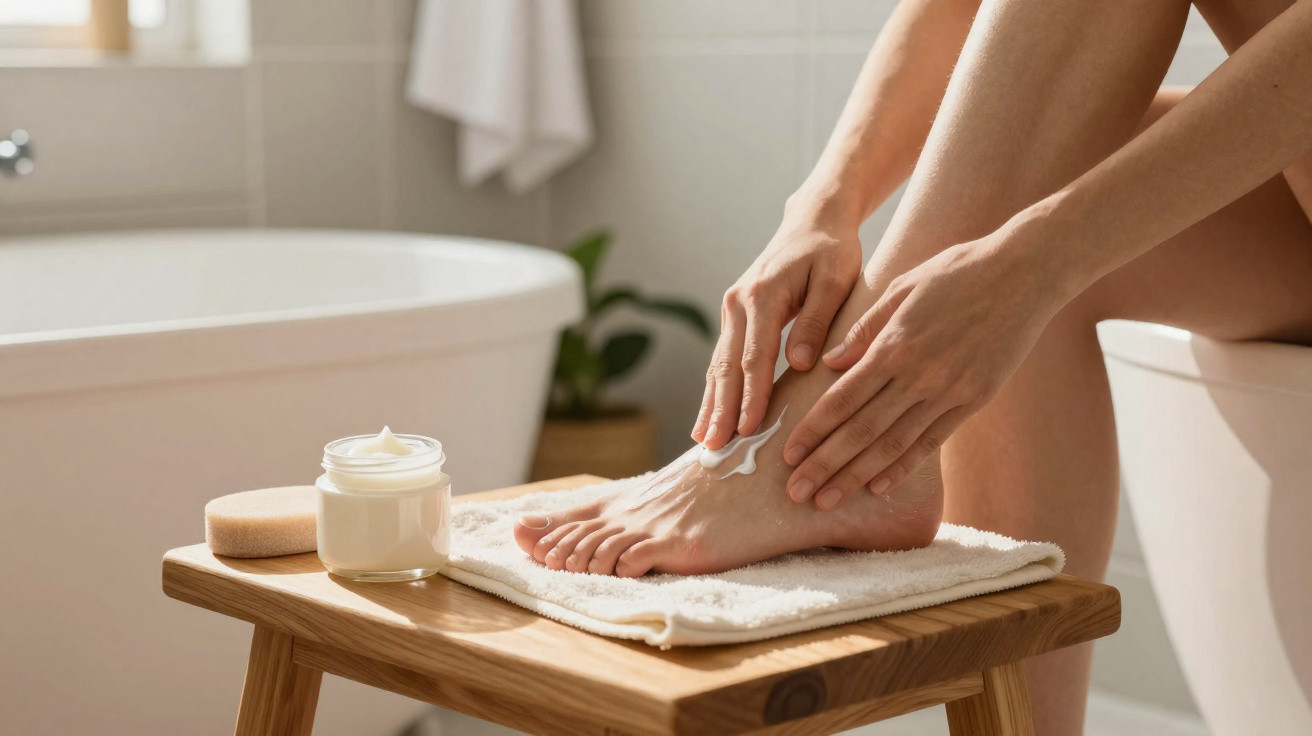 Person applying foot cream while seated on bathroom stool next to bathtub in softly lit setting
