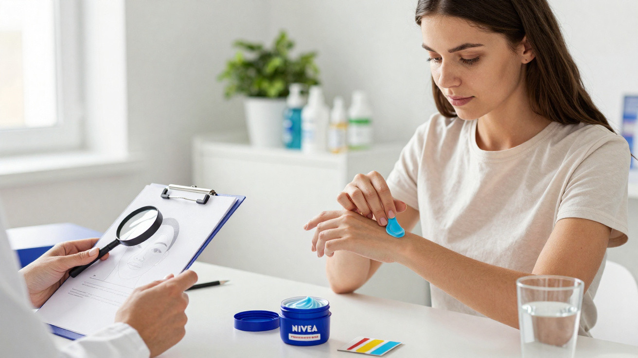 Woman applying Nivea cream on hand during skin consultation with dermatologist holding magnifying glass and clipboard.