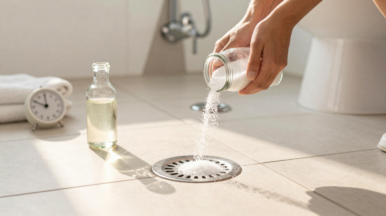 Hand pouring white powder from jar into bathroom floor drain with bottle and towel nearby in bright light.