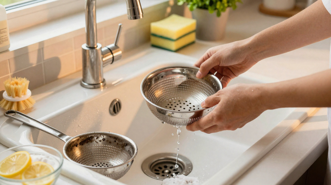 Hands holding a metal colander above a kitchen sink with water dripping, a second colander and lemon slices nearby.