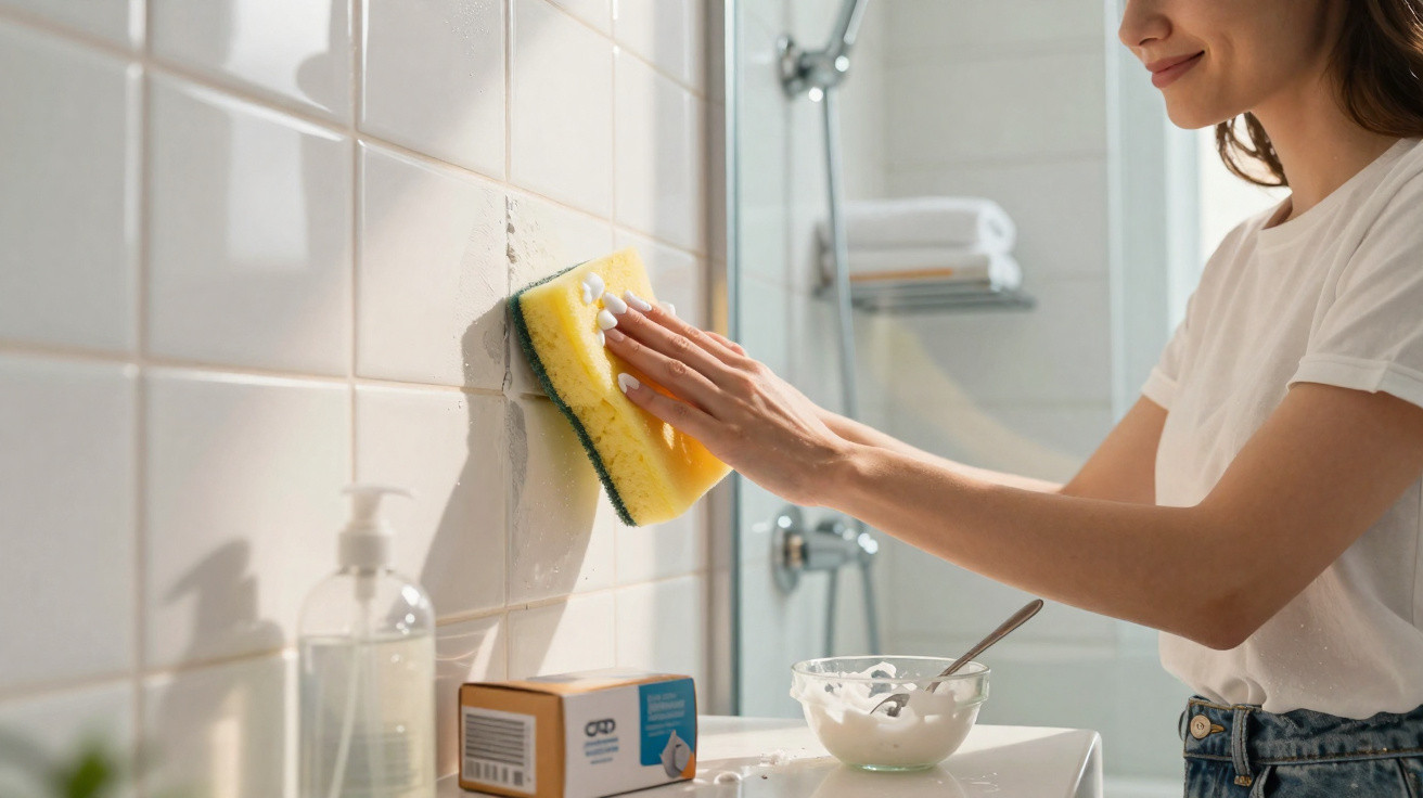 Woman cleaning bathroom tiles with a yellow sponge and cleaning cream in a bright, modern bathroom.