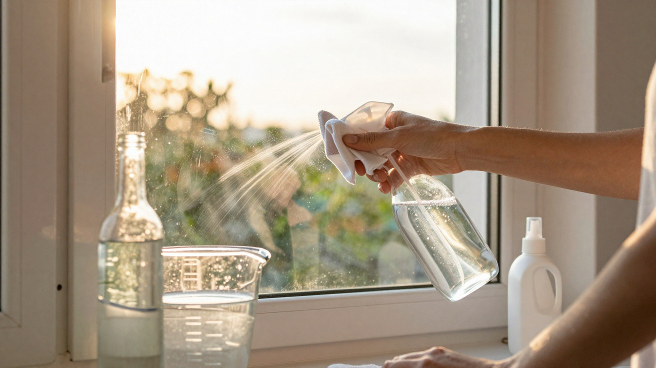 Person cleaning a window with a spray bottle and cloth during daylight with cleaning supplies nearby.