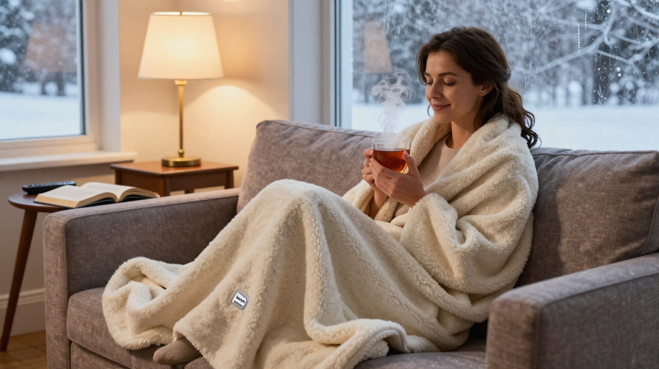 Woman wrapped in a soft blanket sipping hot tea on a sofa by a snowy window in a cozy living room.