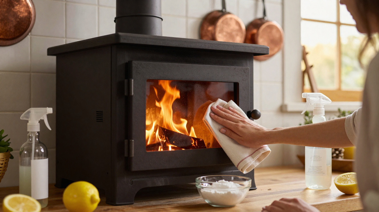Person cleaning glass door of a burning wood stove in a kitchen with copper pans and lemons nearby.