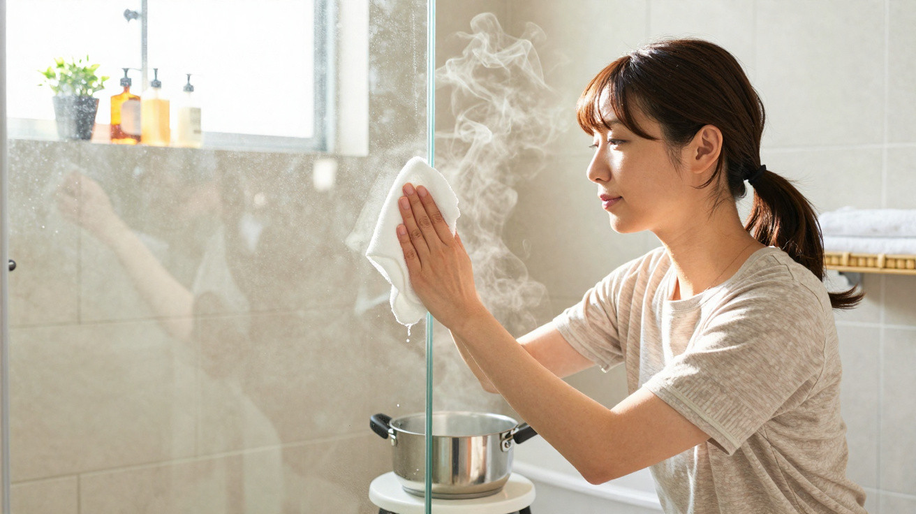Woman steaming glass shower door with a cloth in a bright bathroom with a pot producing steam on the stool.