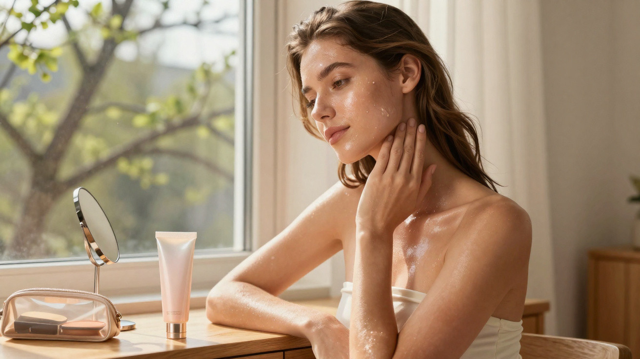 Woman applying skincare cream on neck sitting by a window with beauty products on the table.