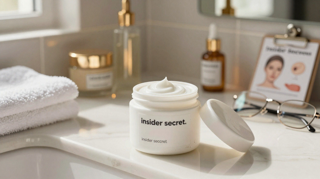 Open jar of Insider Secret cream on bathroom counter with towels, glasses, and skincare items in background.