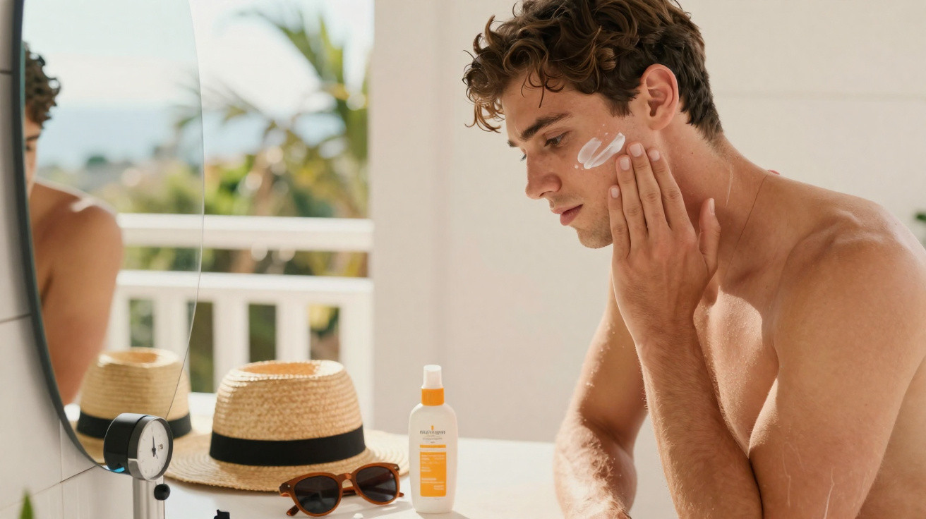 Young man applying sunscreen on his face indoors, with hat and sunglasses on the table beside him.