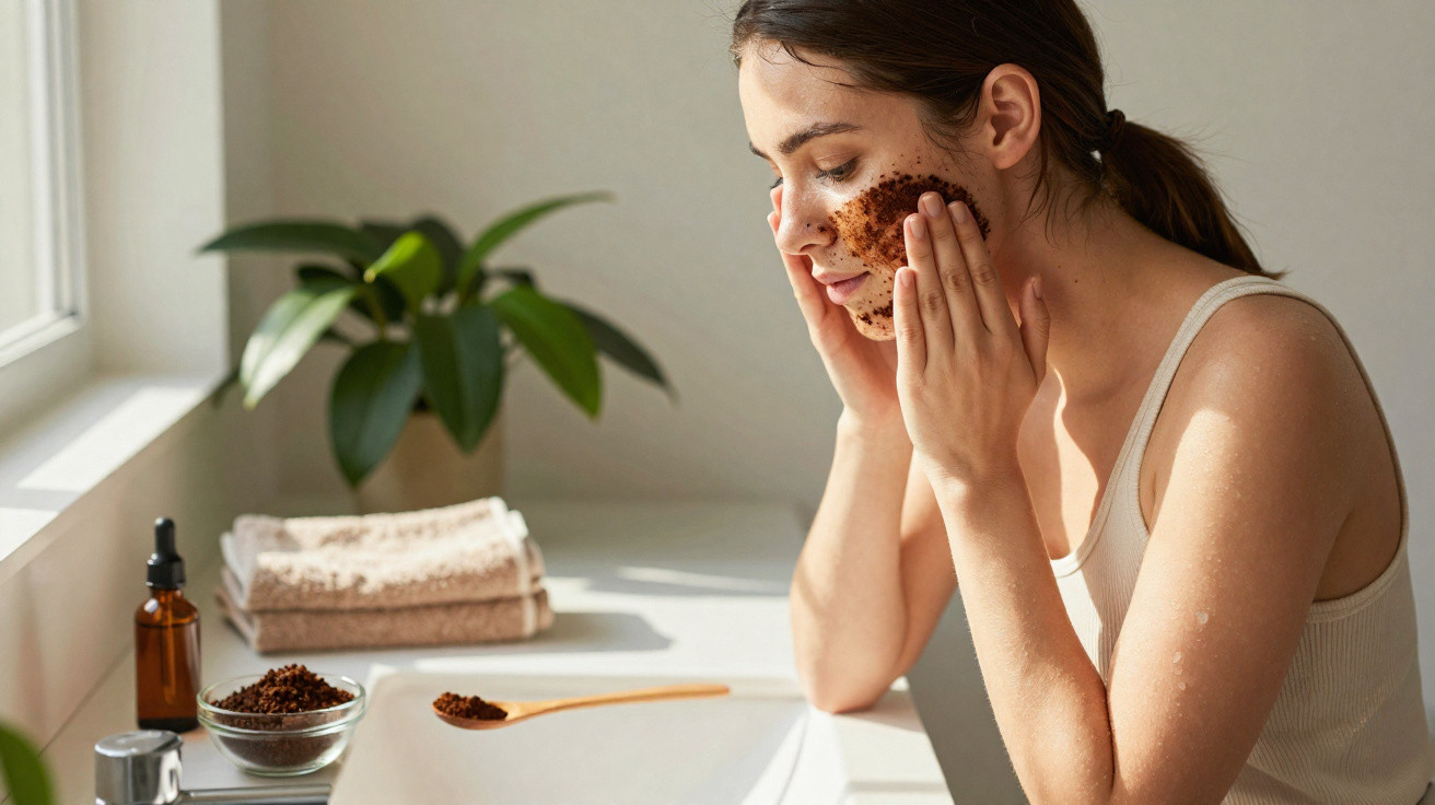 Young woman applying a brown facial scrub in a bright bathroom with towels and a potted plant nearby.