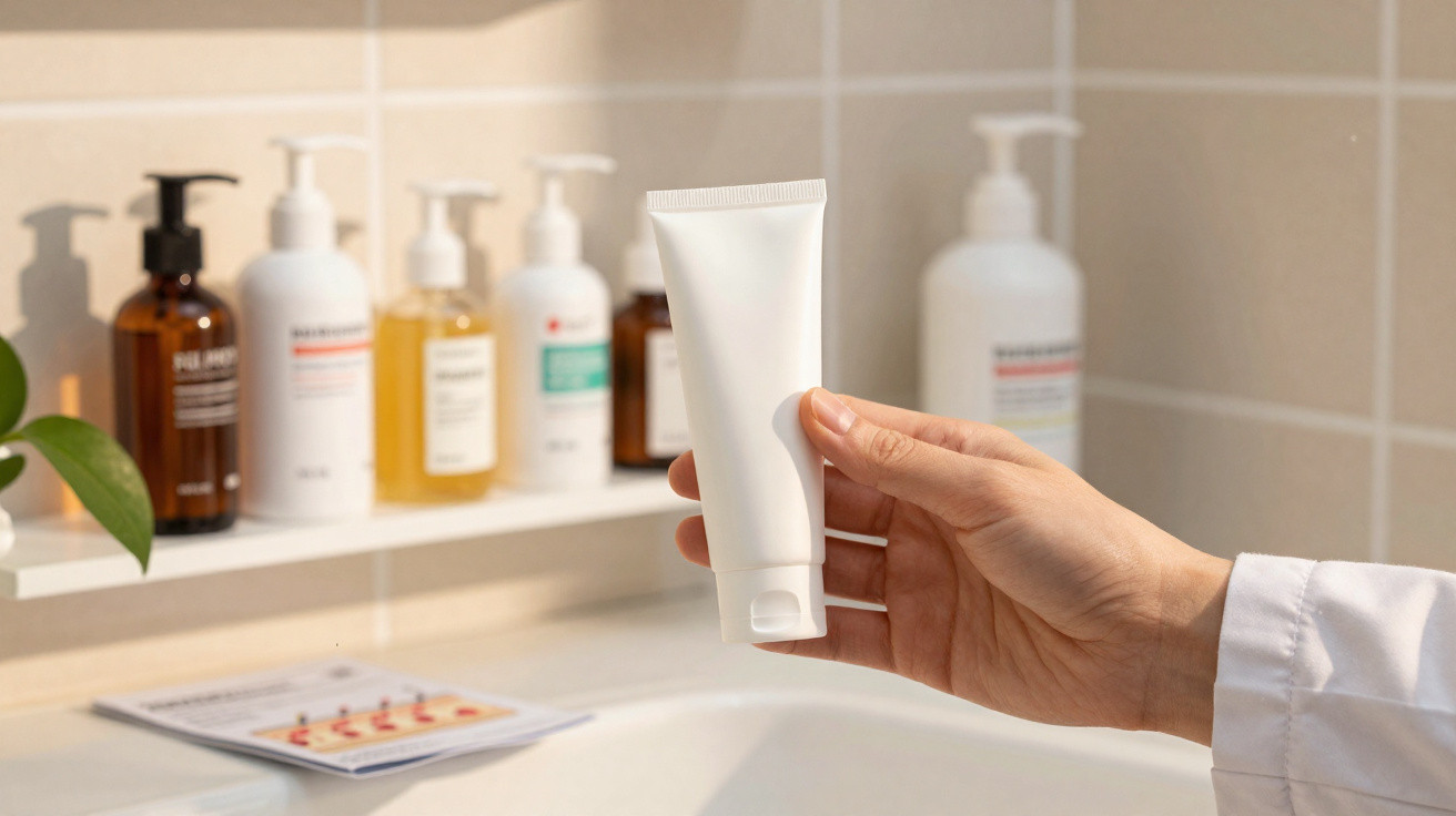 Hand holding a white blank cosmetic tube in a bathroom with various skincare bottles on a shelf in the background.