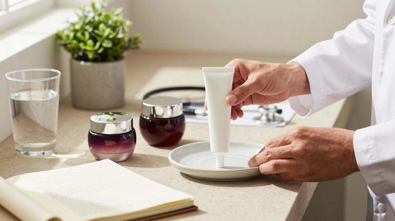 Person dispensing cream from a tube onto a plate on a counter with skincare jars, a glass of water, and a notebook.