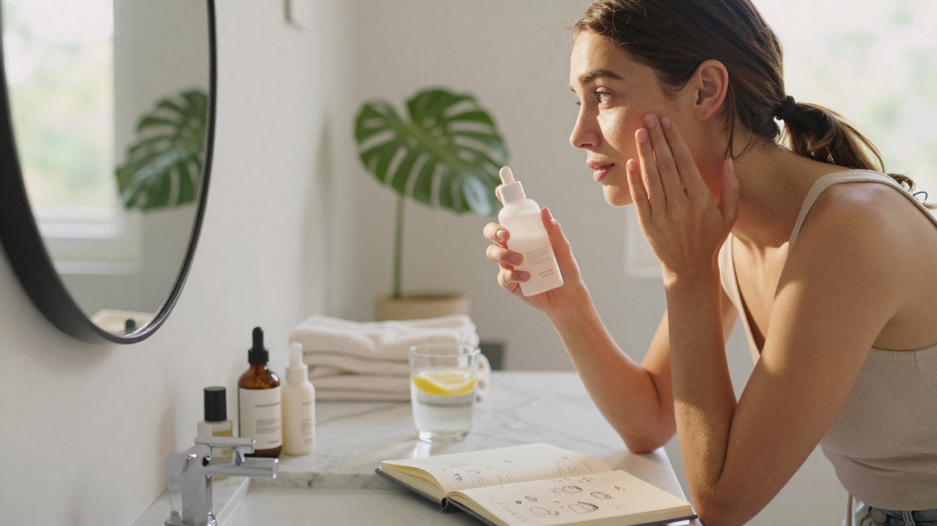 Woman applying facial serum while looking in mirror at bathroom sink with skincare products and notebook nearby