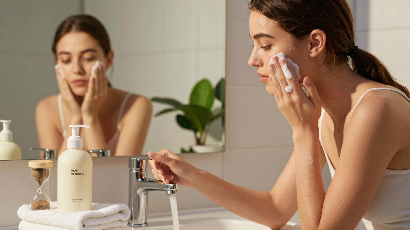 Woman washing her face with cleanser at bathroom sink with towels and skincare products nearby.